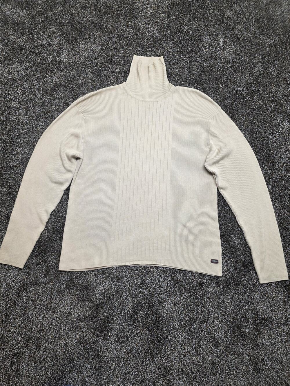 GUESS Men's XXL Turtleneck Sweater Tan Beige 73% Silk Cotton Ribbed Knit Luxe
